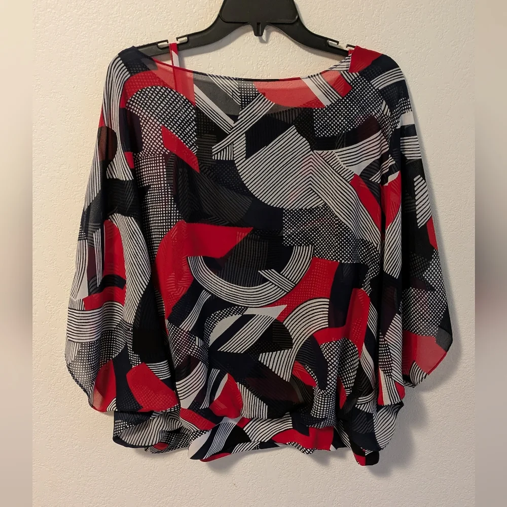 Alfani Red and Black Boxy Blouse with 3/4 Sleeves - Picture 2 of 4